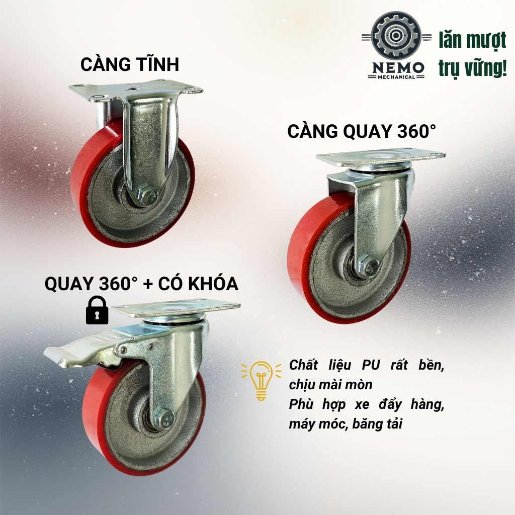 Bánh Xe PU Cốt Sắt Tải Trung – Siêu Bền, Kháng Dầu Mỡ (D75, D100, D125)